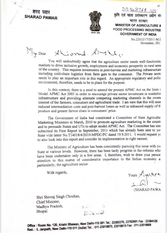 Pawar had sent letters to several states seeking changes in the APMC Act