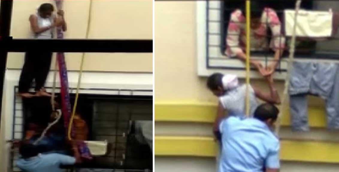 pune girl falls off from building terrace gets stuck in grill rescued by fire brigade