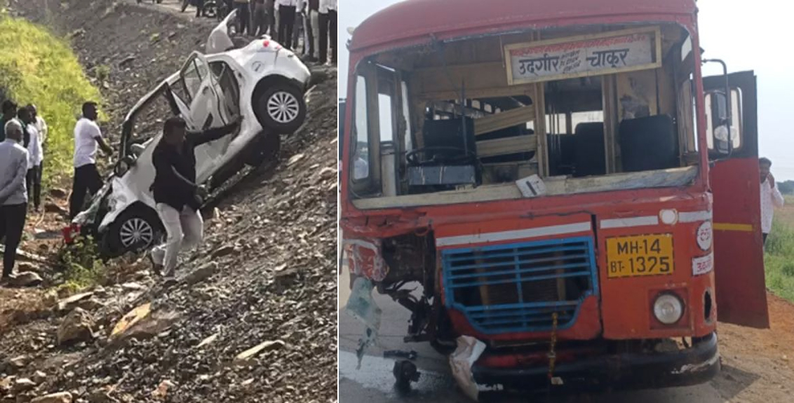 Latur Udgir Accident Involving St Bus And Car Near Lohara Five Killed One Injured